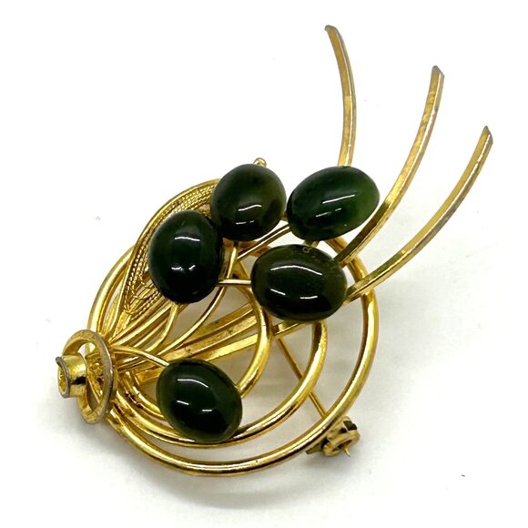 Vintage Gold-Tone Brooch With Green Stone Accents Retro Floral Design Pin - Picture 2 of 13